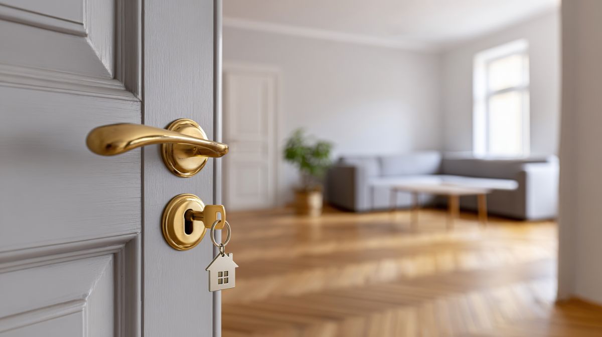 Gold door handle and lock with house key on open white door to modern living room