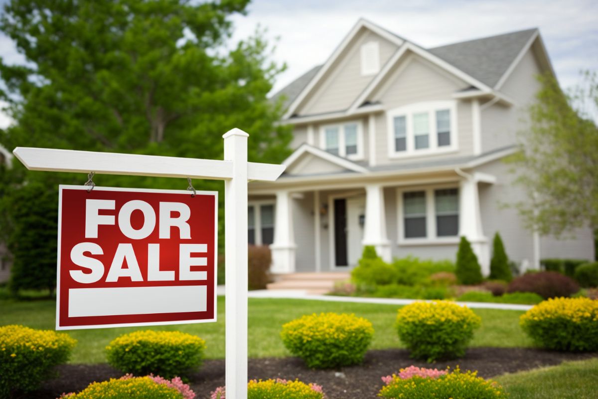 Red for sale sign in front of white two-story house with manicured landscaping
