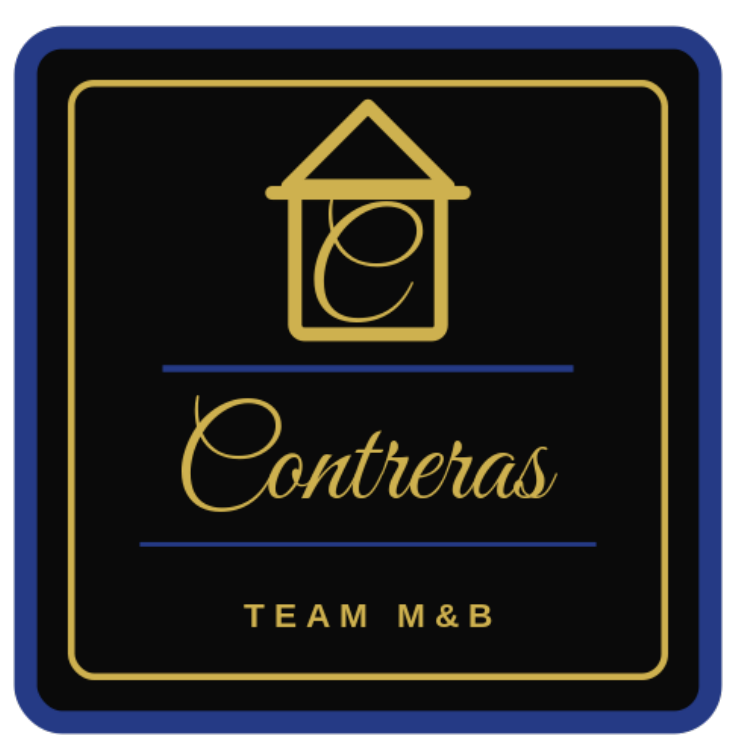 Contreras Team M&B logo with gold house icon and text on black background with blue border